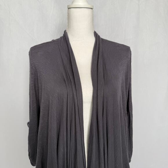 Draped Open Front Knit Cardigan Heathered Charcoal Crop Button Sleeves - Picture 2 of 5